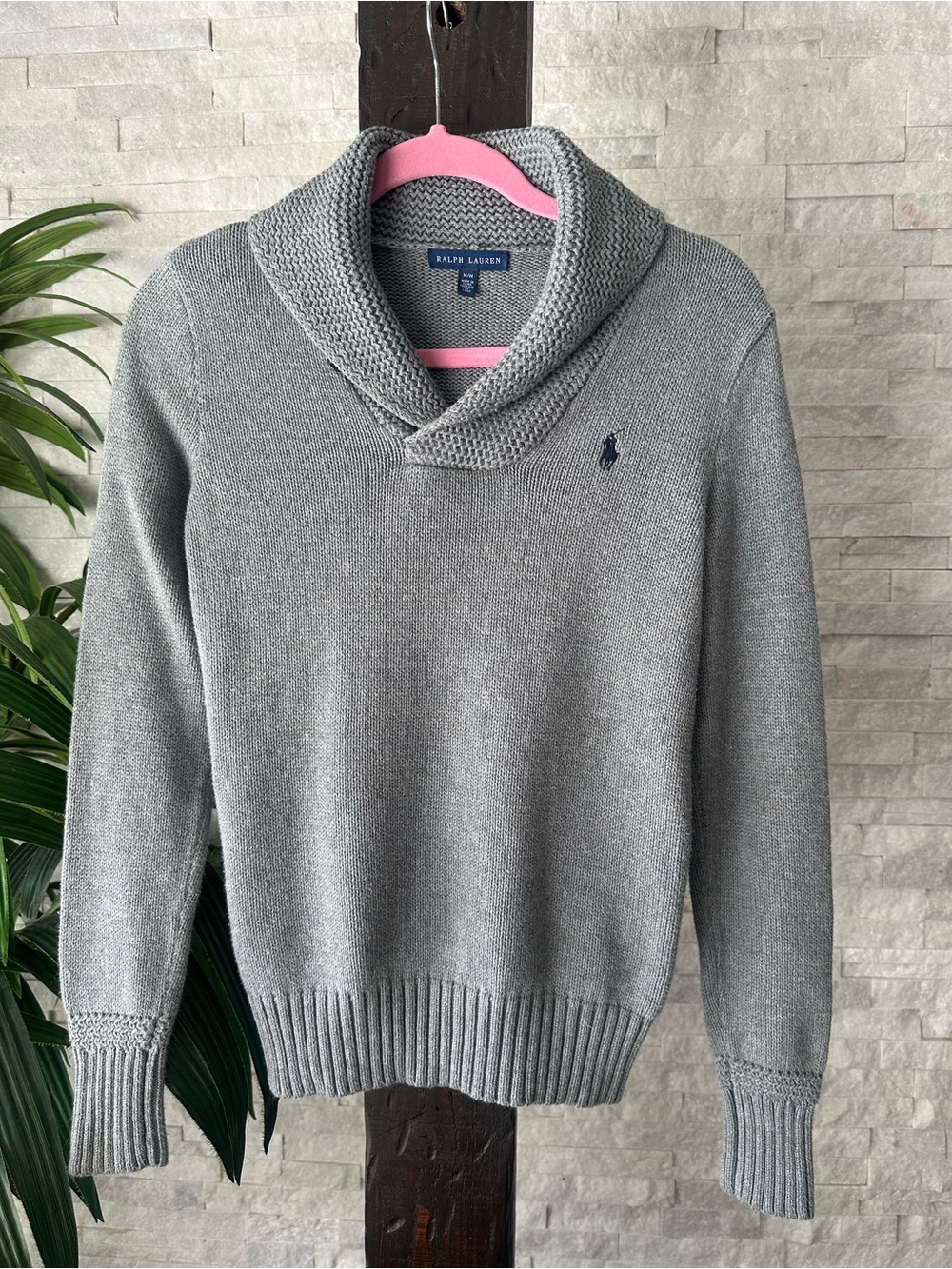 Ralph Lauren Gray Shawl Collar Cotton Sweater Size M